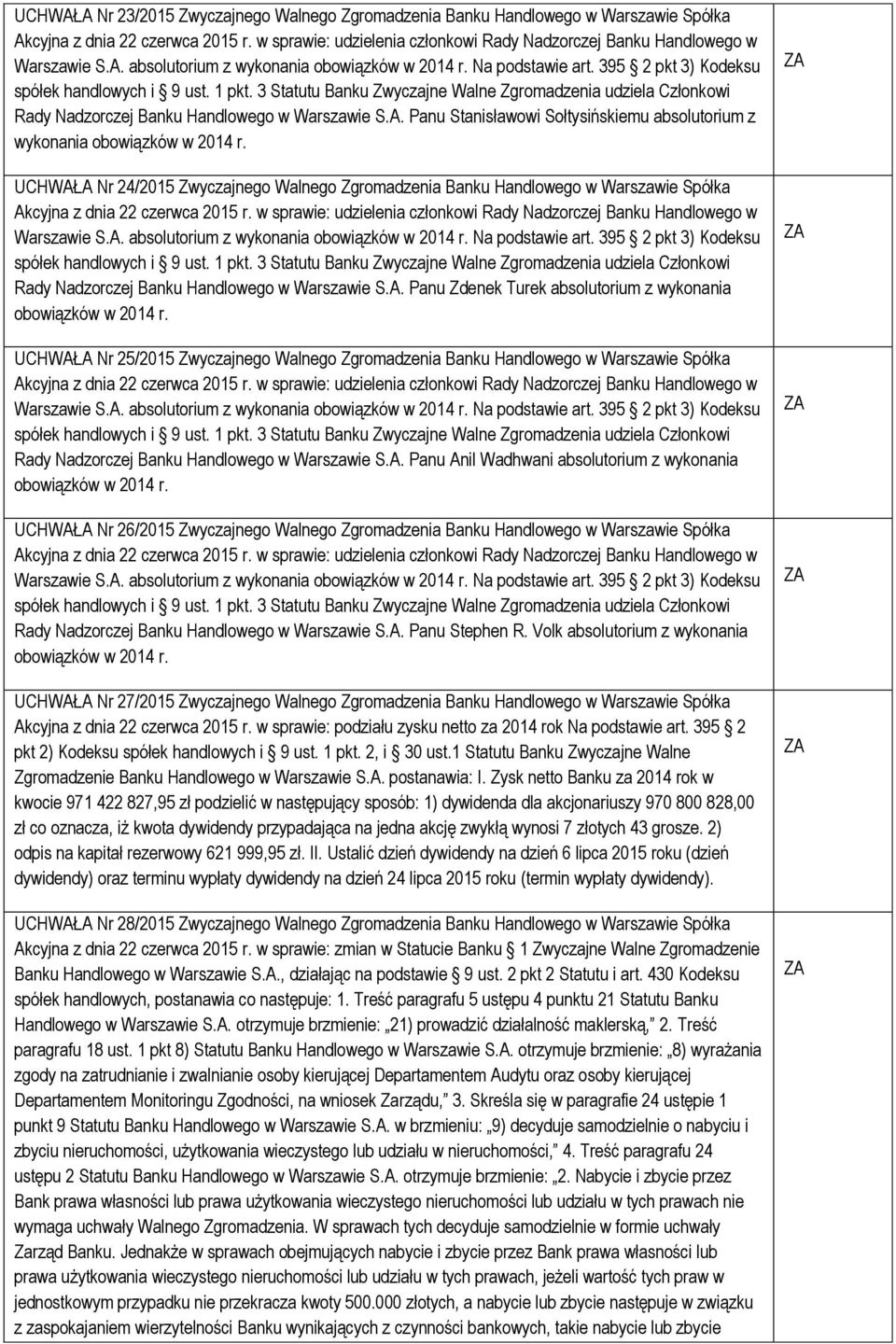 A. Panu Stephen R. Volk absolutorium z wykonania UCHWAŁA Nr 27/2015 Zwyczajnego Walnego Zgromadzenia Banku Handlowego w Warszawie Spółka Akcyjna z dnia 22 czerwca 2015 r.