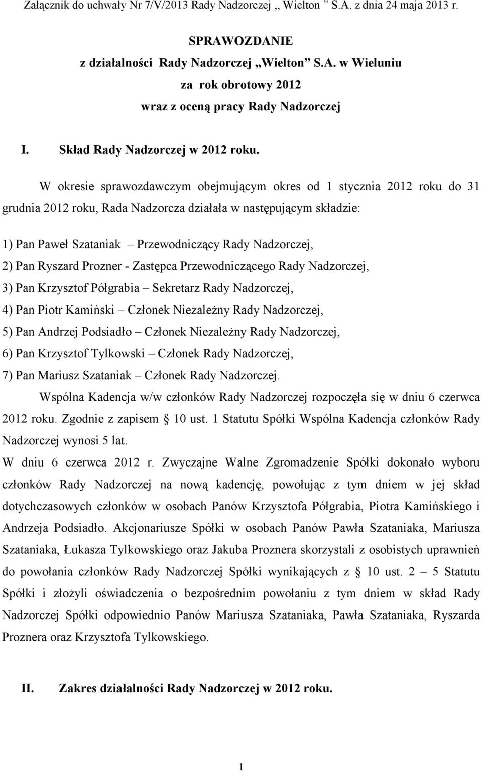 W okresie sprawozdawczym obejmującym okres od 1 stycznia 2012 roku do 31 grudnia 2012 roku, Rada Nadzorcza działała w następującym składzie: 1) Pan Paweł Szataniak Przewodniczący Rady Nadzorczej, 2)