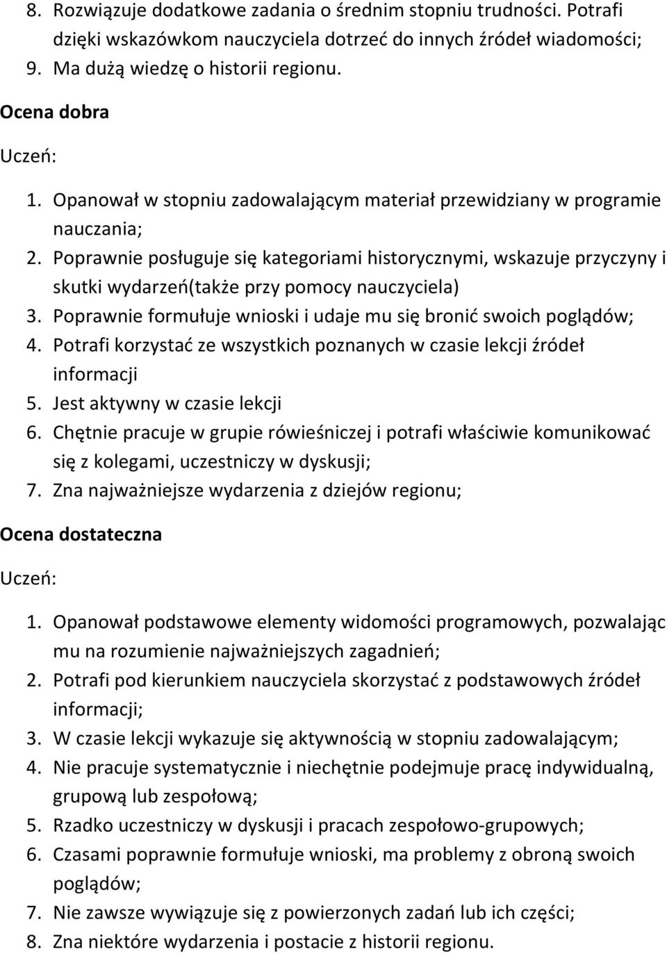 Poprawnie posługuje się kategoriami historycznymi, wskazuje przyczyny i skutki wydarzeń(także przy pomocy nauczyciela) 3. Poprawnie formułuje wnioski i udaje mu się bronić swoich poglądów; 4.