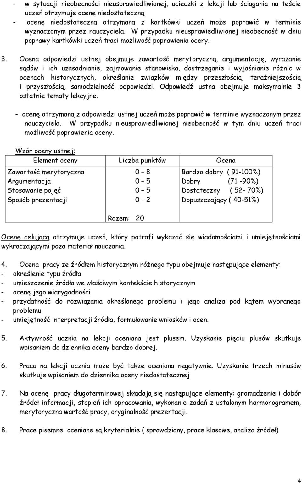Ocena odpowiedzi ustnej obejmuje zawartość merytoryczną, argumentację, wyrażanie sądów i ich uzasadnianie, zajmowanie stanowiska, dostrzeganie i wyjaśnianie różnic w ocenach historycznych, określanie
