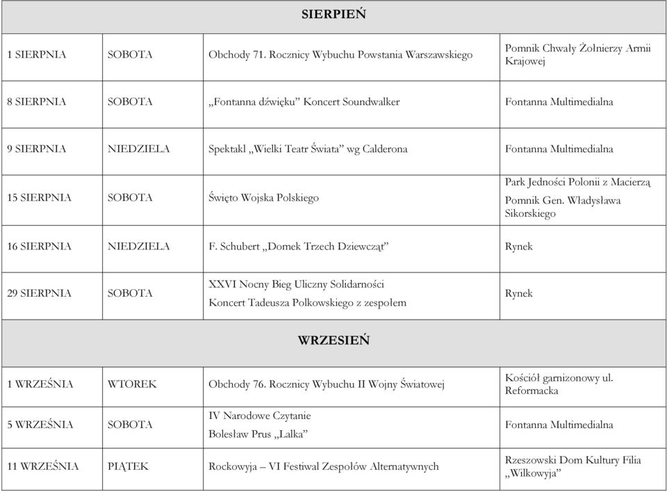 Świata wg Calderona Fontanna Multimedialna 15 SIERPNIA Święto Wojska Polskiego Park Jedności Polonii z Macierzą Pomnik Gen. Władysława Sikorskiego 16 SIERPNIA F.