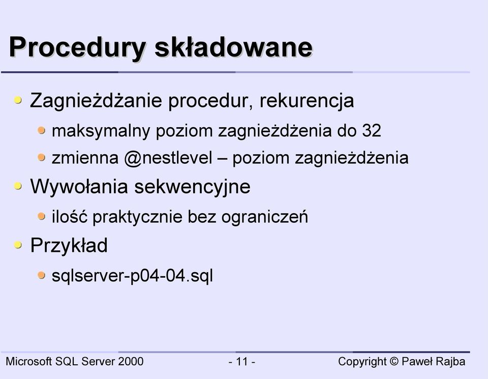 poziom zagnieżdżenia Wywołania sekwencyjne ilość