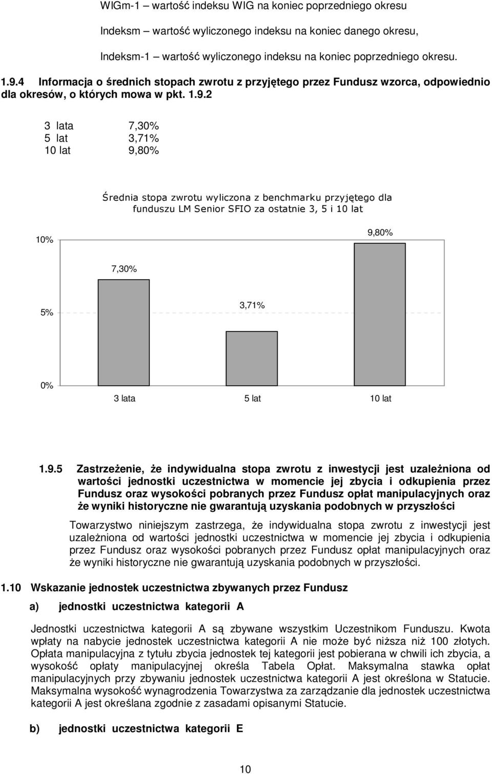 2 3 lata 7,30% 5 lat 3,71% 10 lat 9,80% Średnia stopa zwrotu wyliczona z benchmarku przyjętego dla funduszu LM Senior SFIO za ostatnie 3, 5 i 10 lat 10% 9,80% 7,30% 5% 3,71% 0% 3 lata 5 lat 10 lat 1.