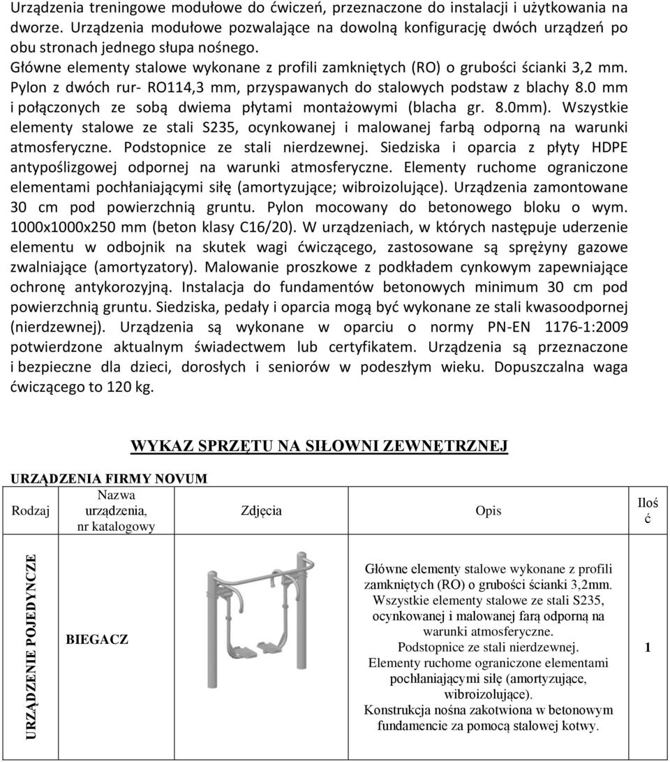 Siedziska i oparcia z płyty HDPE antypoślizgowej odpornej na warunki wibroizolujące). Urządzenia zamontowane 30 do betonowego bloku o wym.