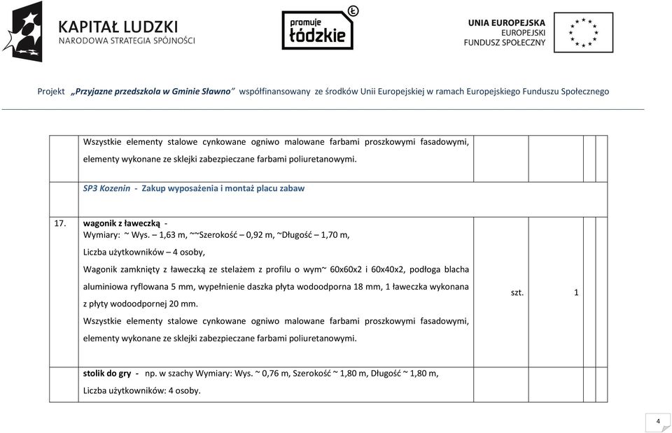 1,63 m, ~~Szerokość 0,92 m, ~Długość 1,70 m, Liczba użytkowników 4 osoby, Wagonik zamknięty z ławeczką ze stelażem z profilu o wym~ 60x60x2 i 60x40x2, podłoga blacha aluminiowa ryflowana 5 mm,