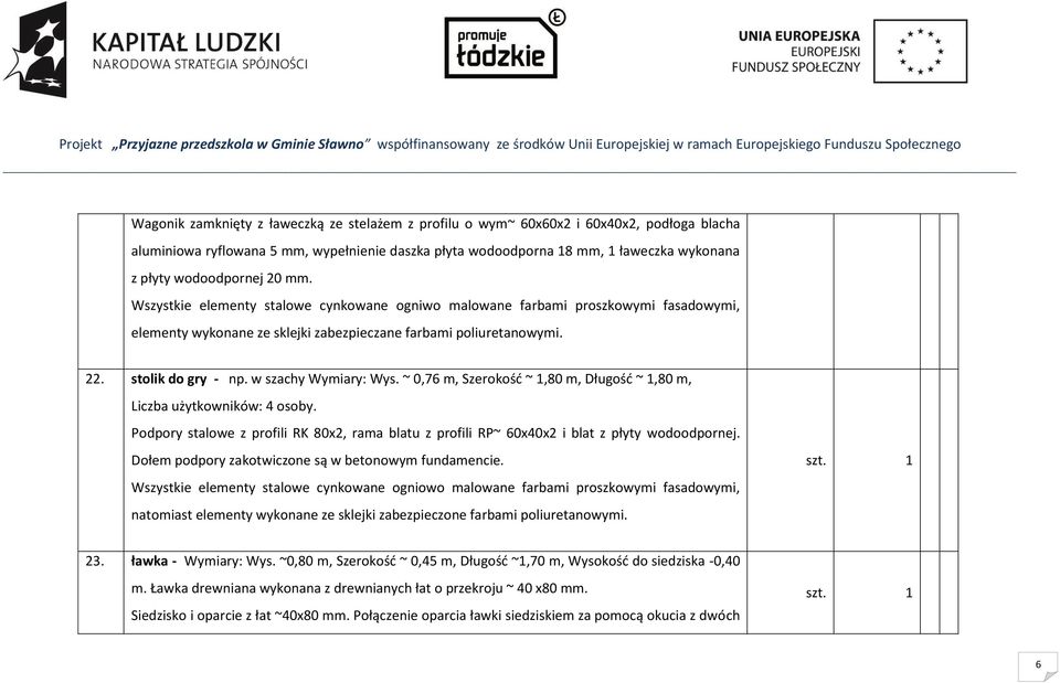 w szachy Wymiary: Wys. ~ 0,76 m, Szerokość ~ 1,80 m, Długość ~ 1,80 m, Liczba użytkowników: 4 osoby. Podpory stalowe z profili RK 80x2, rama blatu z profili RP~ 60x40x2 i blat z płyty wodoodpornej.