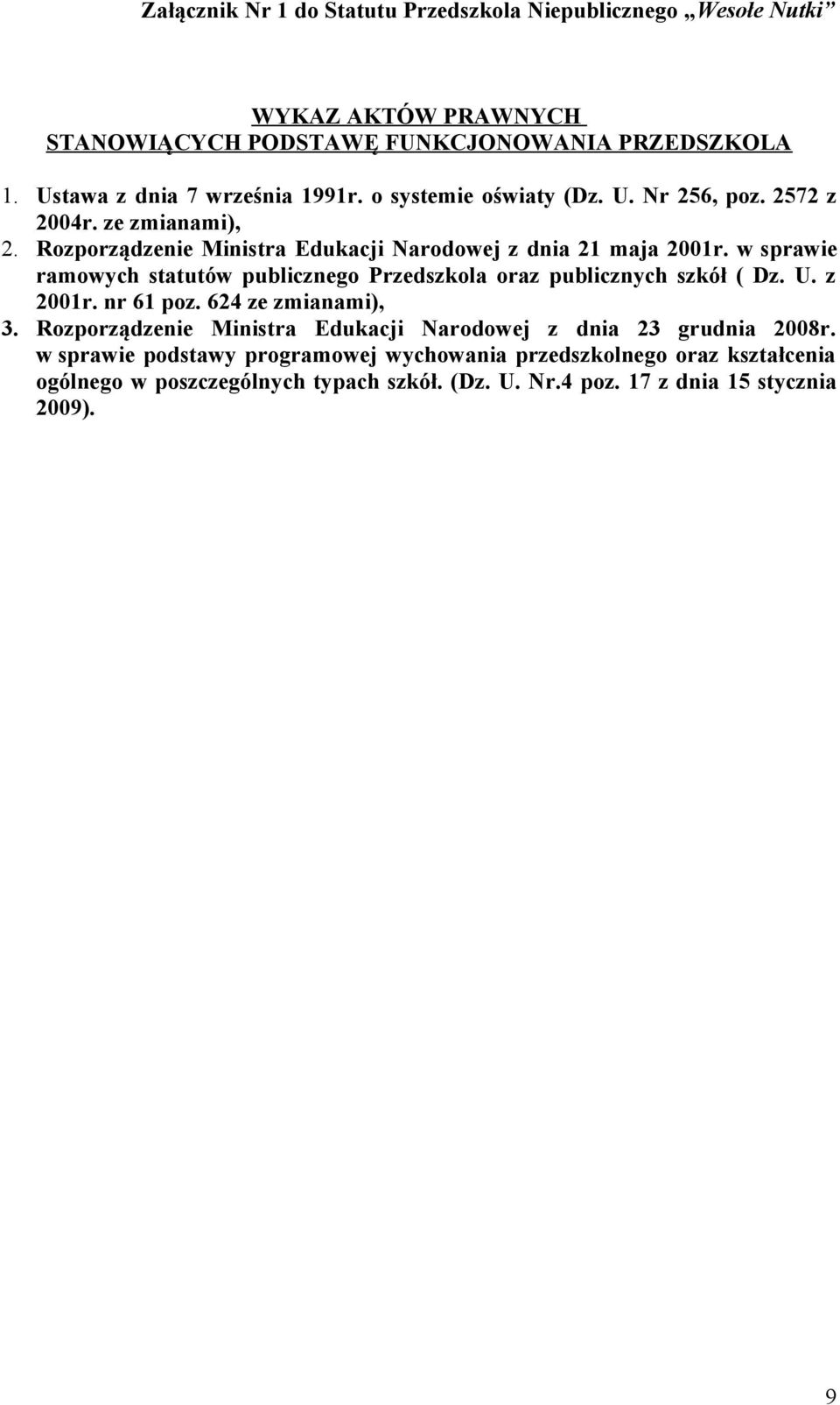 Rozporządzenie Ministra Edukacji Narodowej z dnia 21 maja 2001r. w sprawie ramowych statutów publicznego Przedszkola oraz publicznych szkół ( Dz. U. z 2001r.