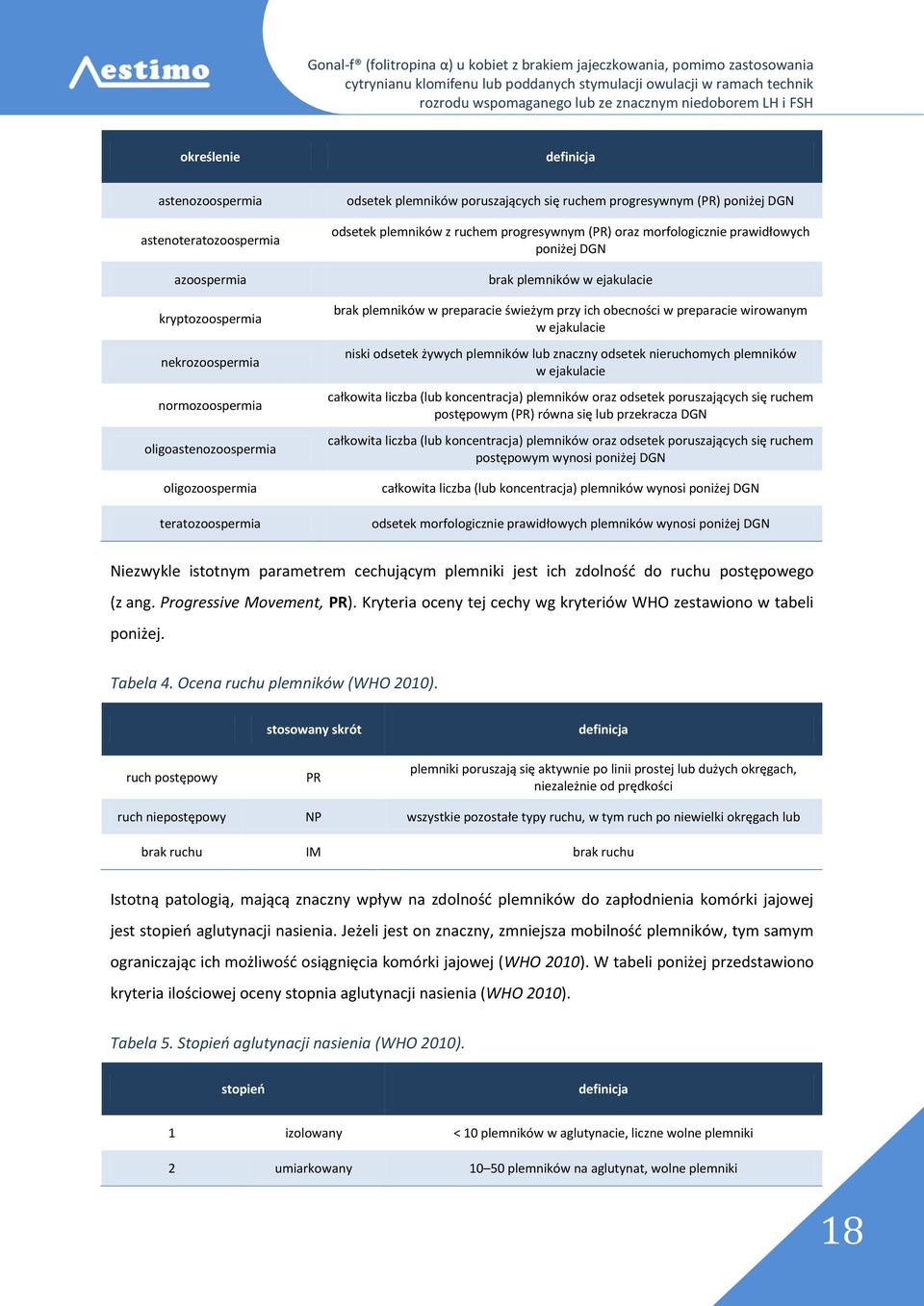 preparacie świeżym przy ich obecności w preparacie wirowanym w ejakulacie niski odsetek żywych plemników lub znaczny odsetek nieruchomych plemników w ejakulacie całkowita liczba (lub koncentracja)
