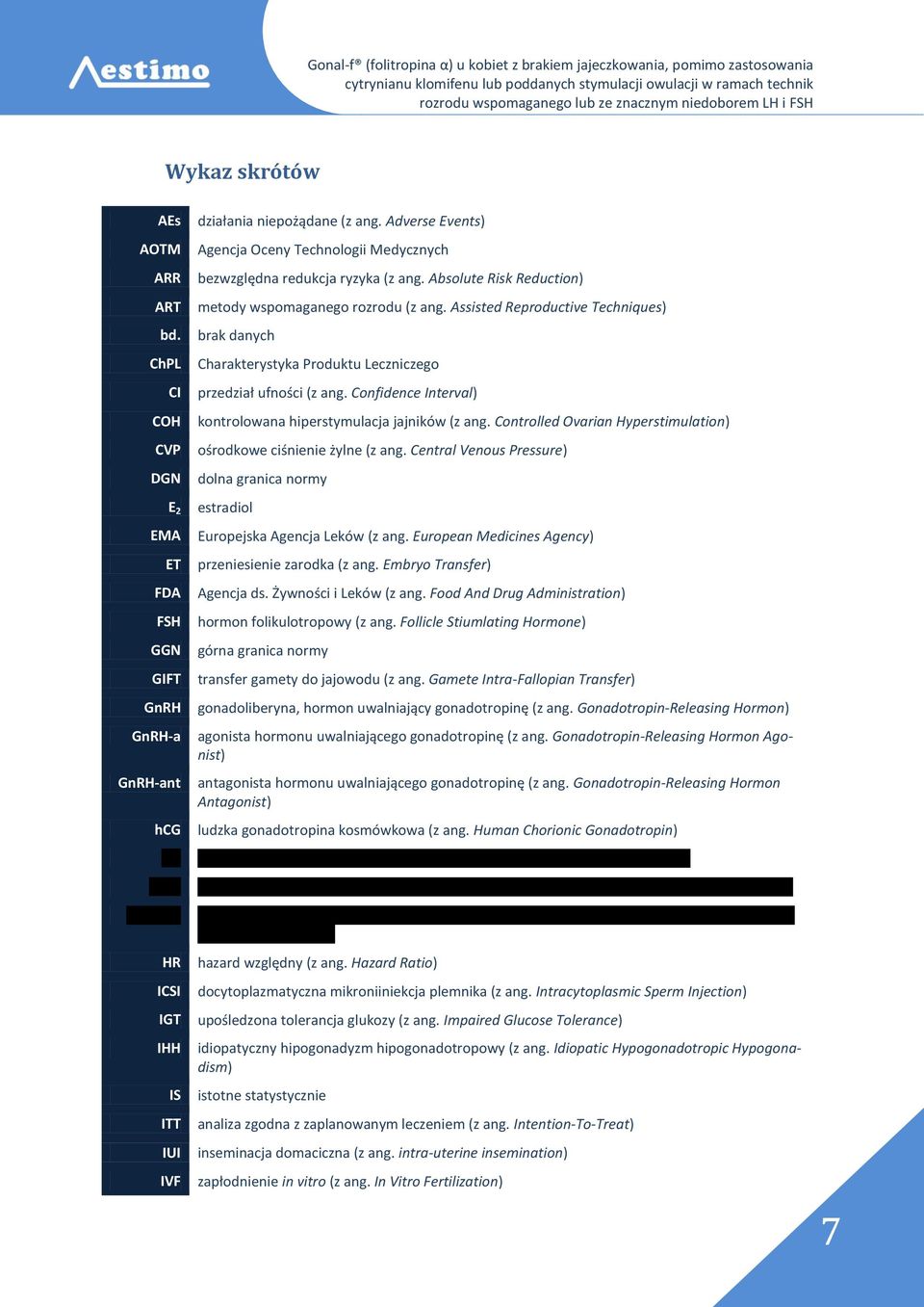 Assisted Reproductive Techniques) brak danych Charakterystyka Produktu Leczniczego przedział ufności (z ang. Confidence Interval) kontrolowana hiperstymulacja jajników (z ang.