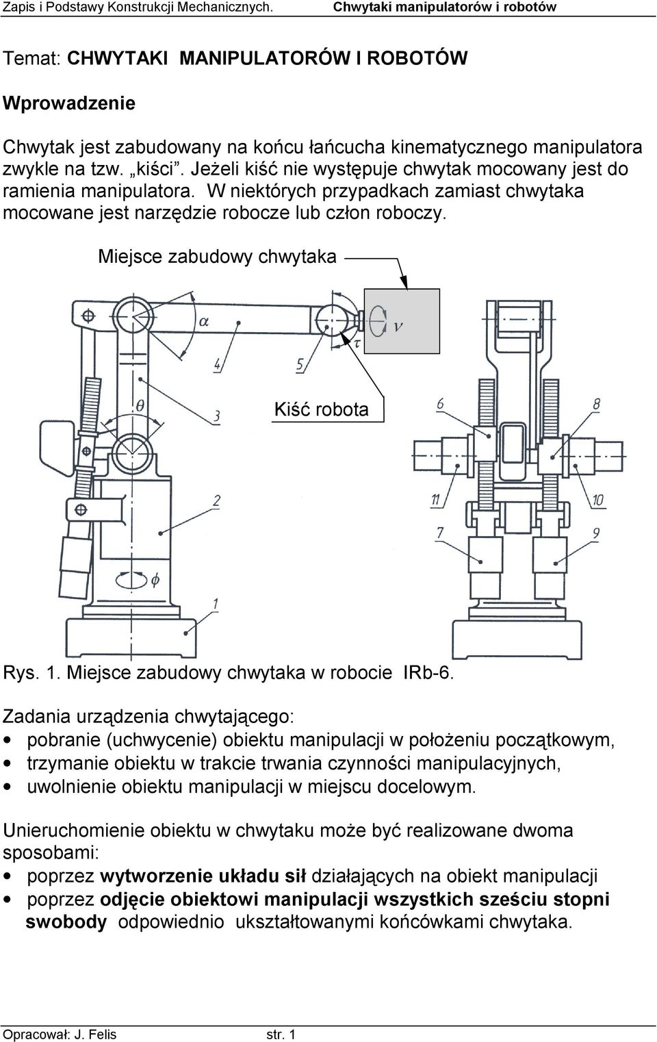 Miejsce zabudowy chwytaka Kiść robota Rys. 1. Miejsce zabudowy chwytaka w robocie IRb-6.