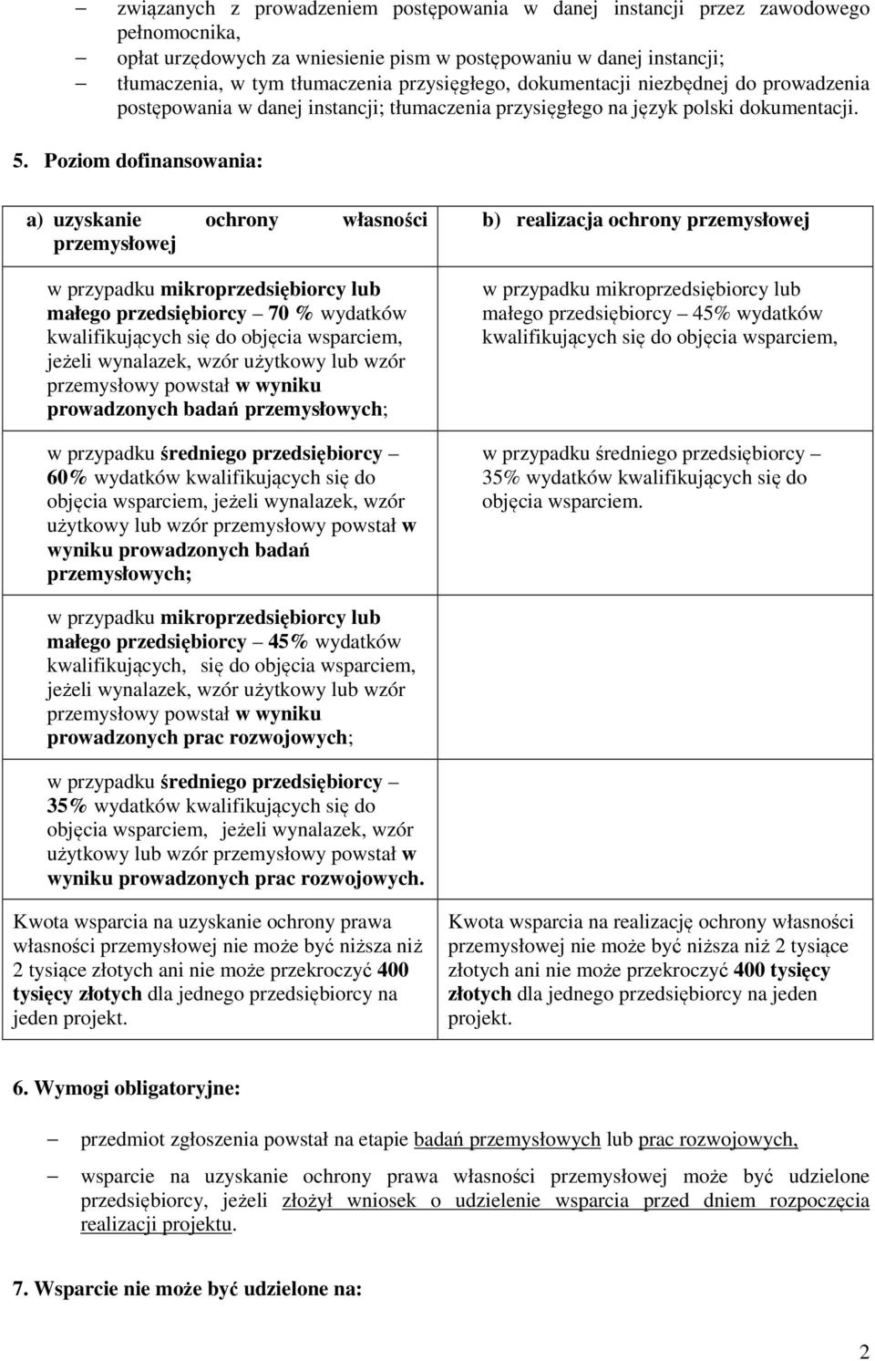 Poziom dofinansowania: a) uzyskanie ochrony własności przemysłowej małego przedsiębiorcy 70 % wydatków kwalifikujących się do objęcia wsparciem, jeżeli wynalazek, wzór użytkowy lub wzór przemysłowy