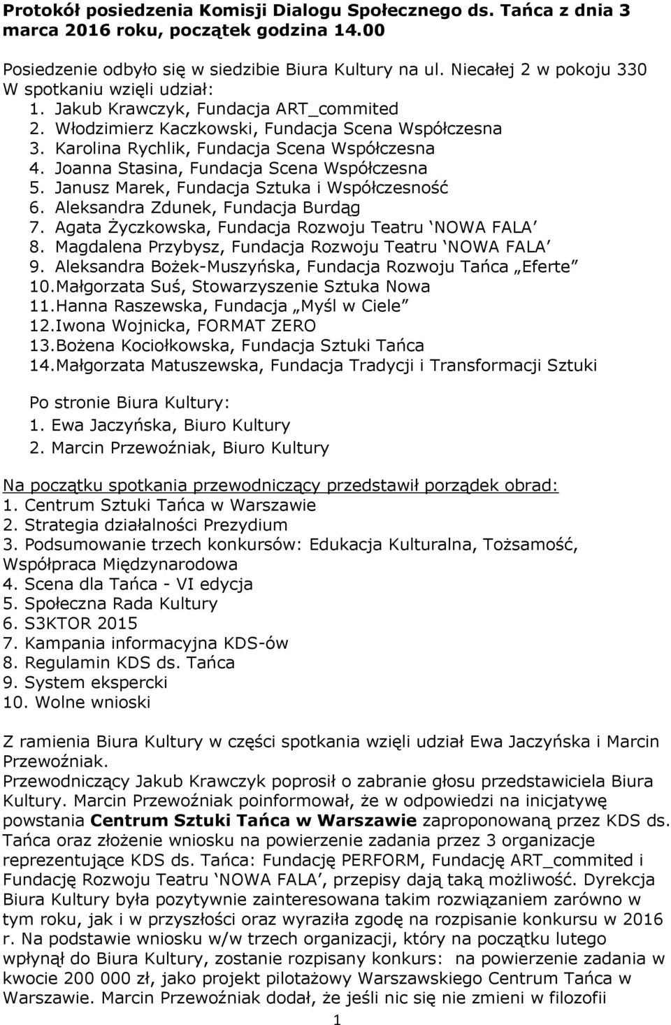Joanna Stasina, Fundacja Scena Współczesna 5. Janusz Marek, Fundacja Sztuka i Współczesność 6. Aleksandra Zdunek, Fundacja Burdąg 7. Agata Życzkowska, Fundacja Rozwoju Teatru NOWA FALA 8.