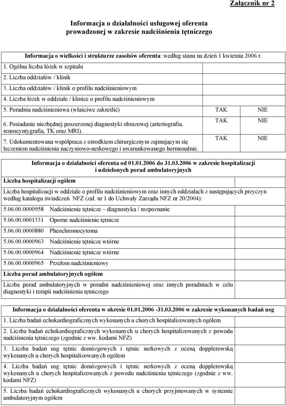 Poradnia nadciśnieniowa (właściwe zakreślić) TAK NIE 6. Posiadanie niezbędnej poszerzonej diagnostyki obrazowej (arteriografia, renoscyntygrafia, TK oraz MRI). 7.