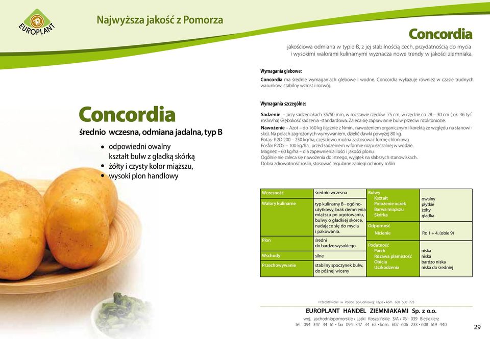 Concordia średnio wczesna, odmiana jadalna, typ B odpowiedni owalny kształt bulw z gładką skórką i czysty kolor miąższu, wysoki plon handlowy - Sadzenie przy sadzeniakach 35/50 mm, w rozstawie rzędów
