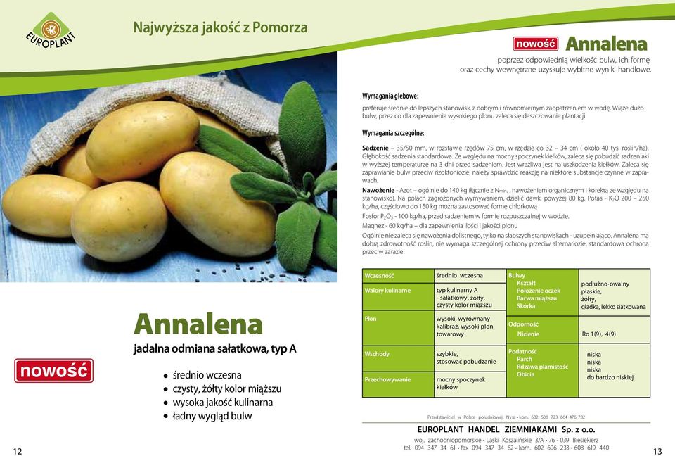 Wiąże dużo bulw, przez co dla zapewnienia wysokiego plonu zaleca się deszczowanie plantacji Sadzenie 35/50 mm, w rozstawie rzędów 75 cm, w rzędzie co 32 34 cm ( około 40 tys. roślin/ha).