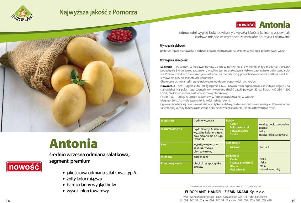 Zalecane pobudzanie 3-4 dni przed sadzeniem, wrażliwa jest na uszkodzenia kiełków, zaprawianie bulw standardowe.