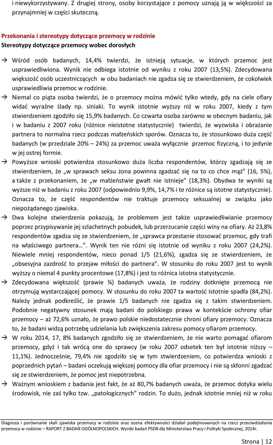 Wynik nie odbiega istotnie od wyniku z roku 2007 (13,5%). Zdecydowana większość osób uczestniczących w obu badaniach nie zgadza się ze stwierdzeniem, że cokolwiek usprawiedliwia przemoc w rodzinie.