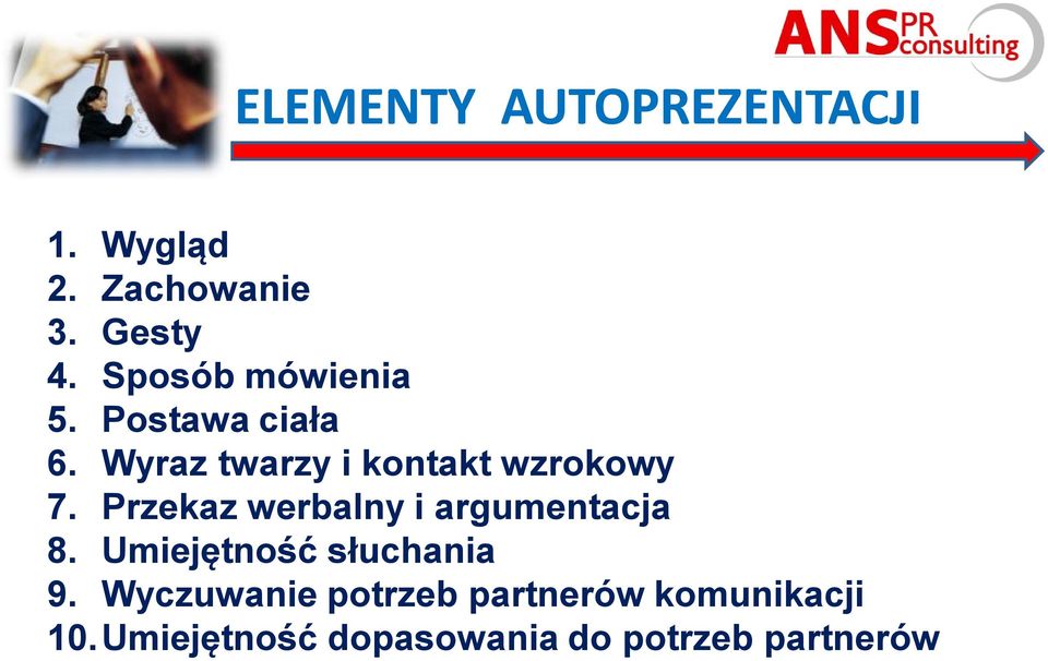 Przekaz werbalny i argumentacja 8. Umiejętność słuchania 9.