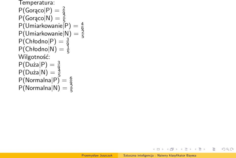 P(Chłodno P) = 3 9 P(Chłodno N) = 1 5 Wilgotność: