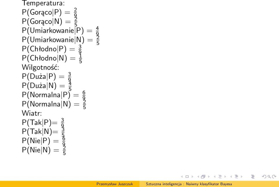 Wilgotność: P(Duża P) = 3 9 P(Duża N) = 4 5 P(Normalna P) = 6 9