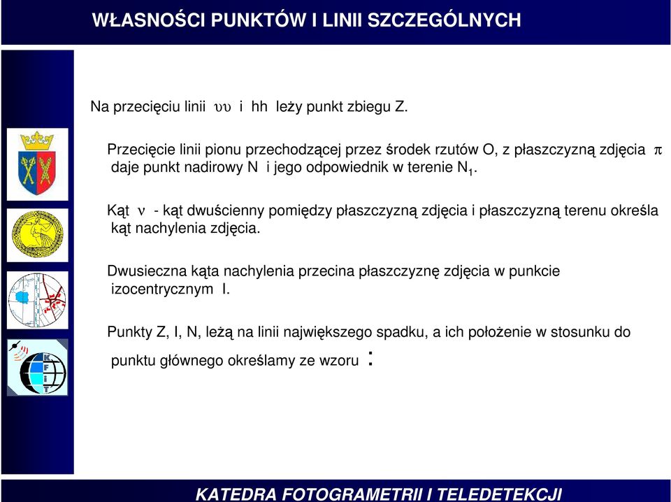 terenie N 1. Kąt ν - kąt dwuścienny pomiędzy płaszczyzną zdjęcia i płaszczyzną terenu określa kąt nacylenia zdjęcia.