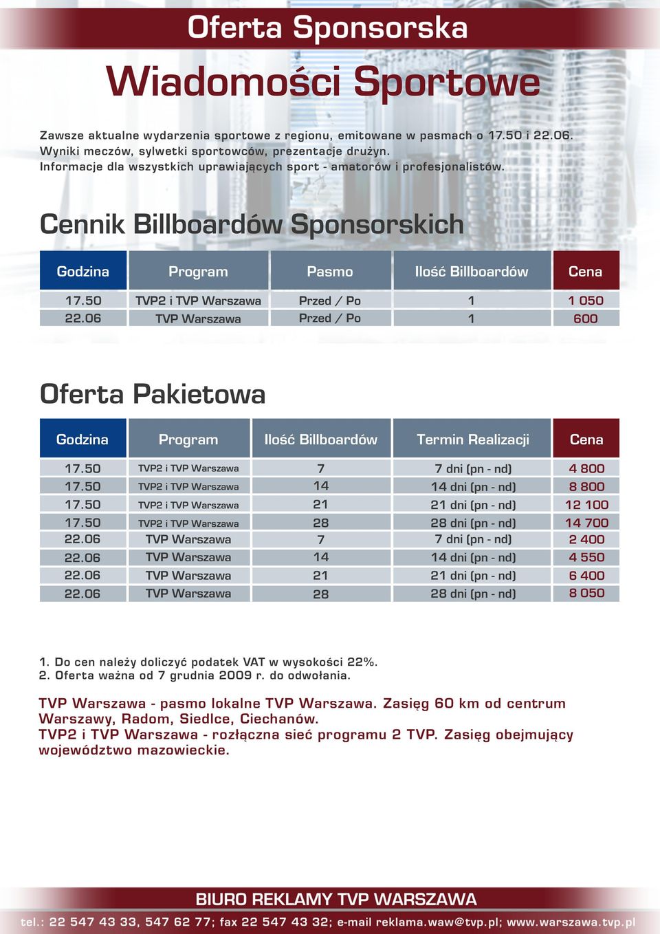 50 TVP2 i / 1 1 050 / 1 600 Oferta Pakietowa Ilość Billboardów 1.50 TVP2 i dni (pn nd) 4 1.50 TVP2 i 8 1.50 TVP2 i dni (pn nd) 12 100 1.