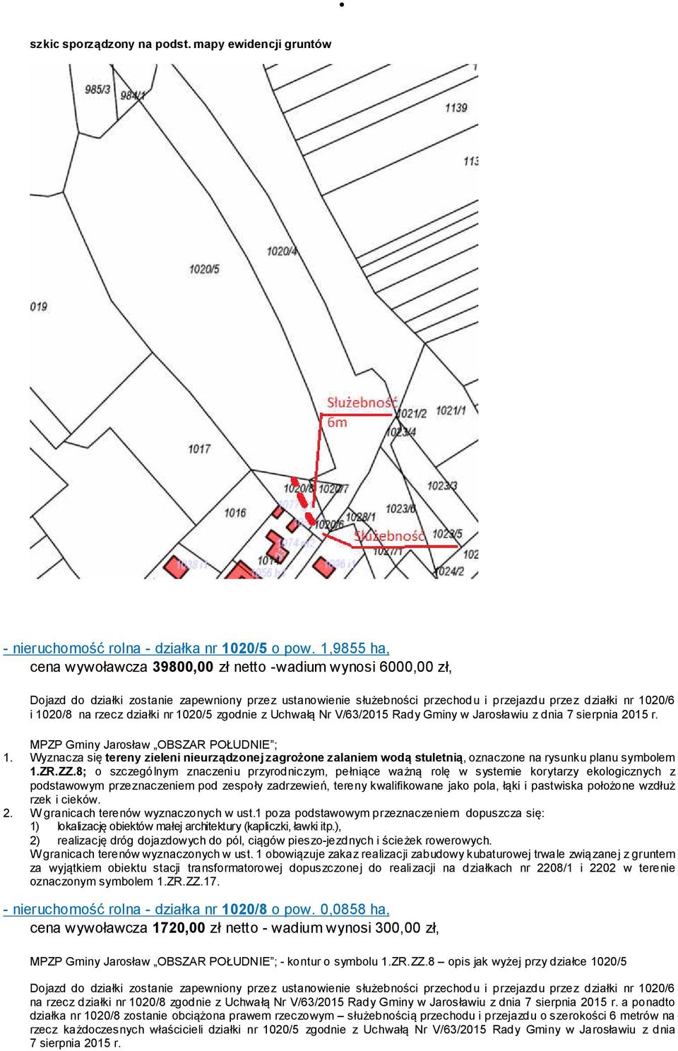 rzecz działki nr 1020/5 zgodnie z Uchwałą Nr V/63/2015 Rady Gminy w Jarosławiu z dnia 7 sierpnia 2015 r. MPZP Gminy Jarosław OBSZAR POŁUDNIE ; 1.