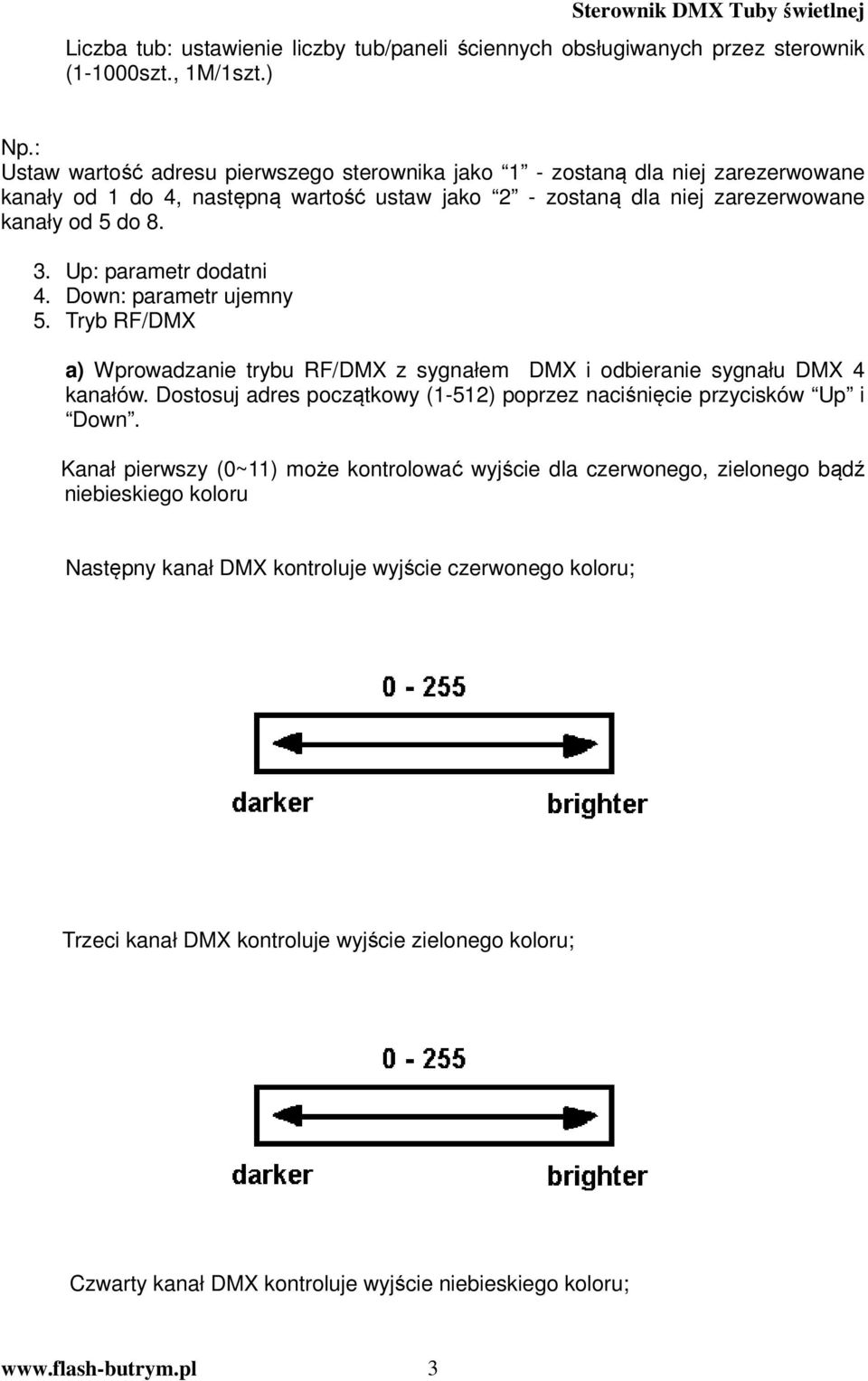 Up: parametr dodatni 4. Down: parametr ujemny 5. Tryb RF/DMX a) Wprowadzanie trybu RF/DMX z sygnałem DMX i odbieranie sygnału DMX 4 kanałów.