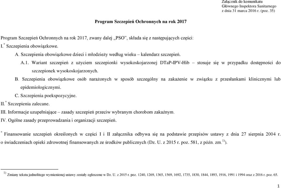 Szczepienia obowiązkowe dzieci i młodzieży według wieku kalendarz szczepień. A.1.