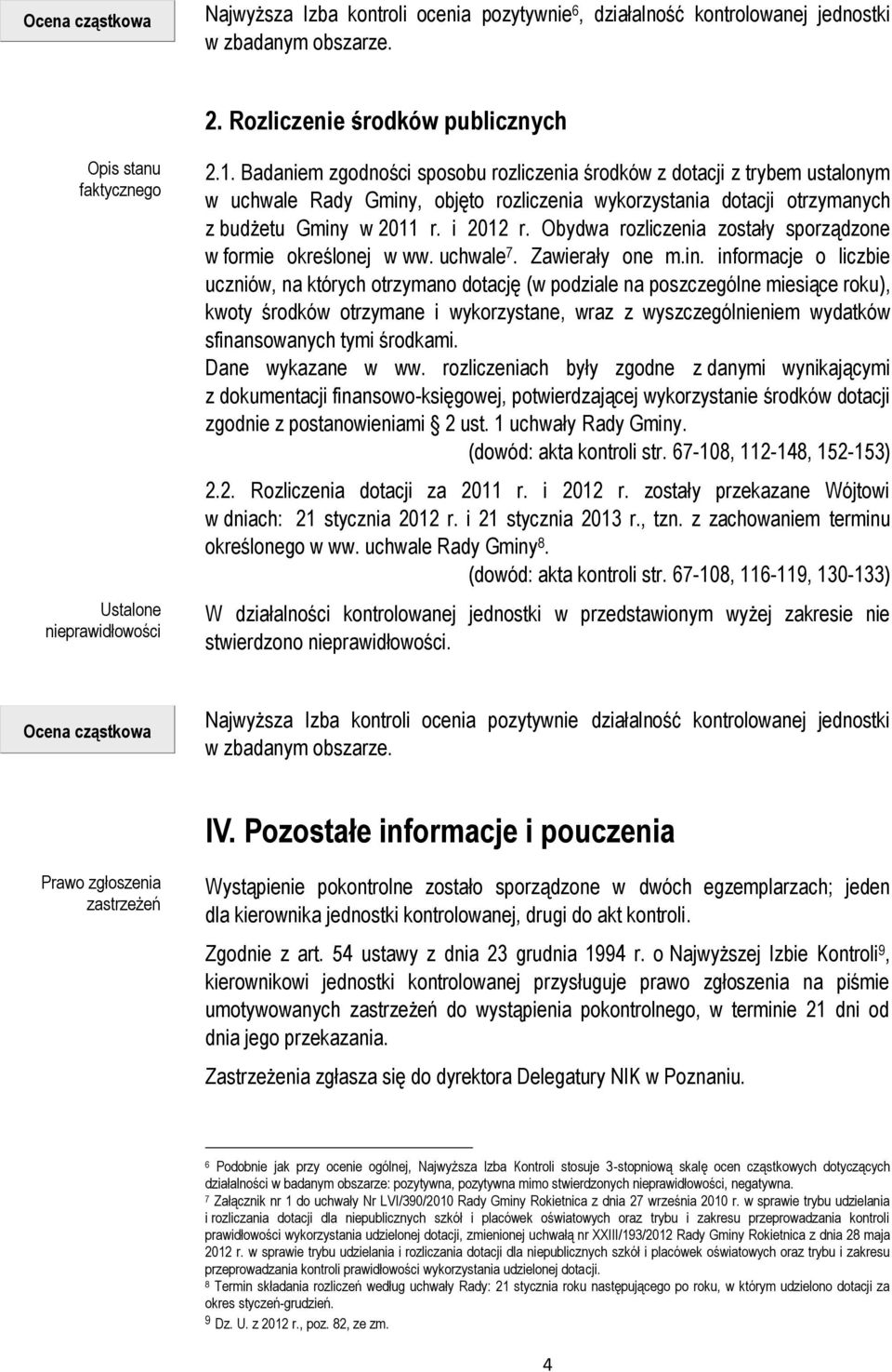 Badaniem zgodności sposobu rozliczenia środków z dotacji z trybem ustalonym w uchwale Rady Gminy, objęto rozliczenia wykorzystania dotacji otrzymanych z budżetu Gminy w 2011 r. i 2012 r.