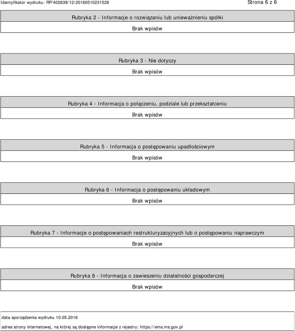7 - Informacje o postępowaniach restrukturyzacyjnych lub o postępowaniu naprawczym Rubryka 8 - Informacja o zawieszeniu działalności