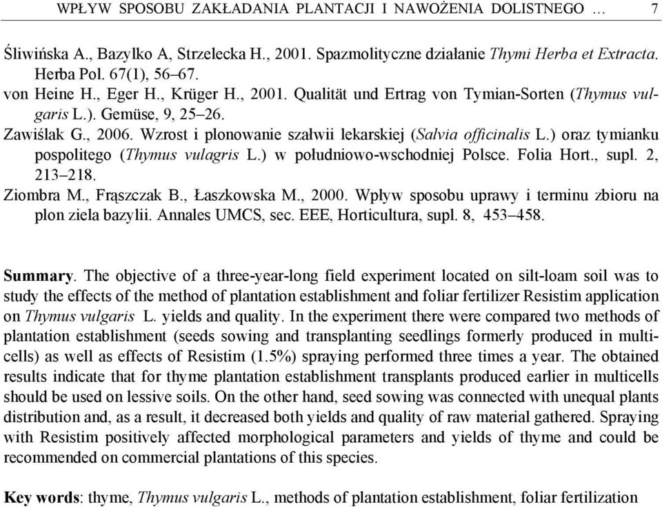 ) oraz tymianku pospolitego (Thymus vulagris L.) w południowo-wschodniej Polsce. Folia Hort., supl. 2, 213 218. Ziombra M., Frąszczak B., Łaszkowska M., 2000.