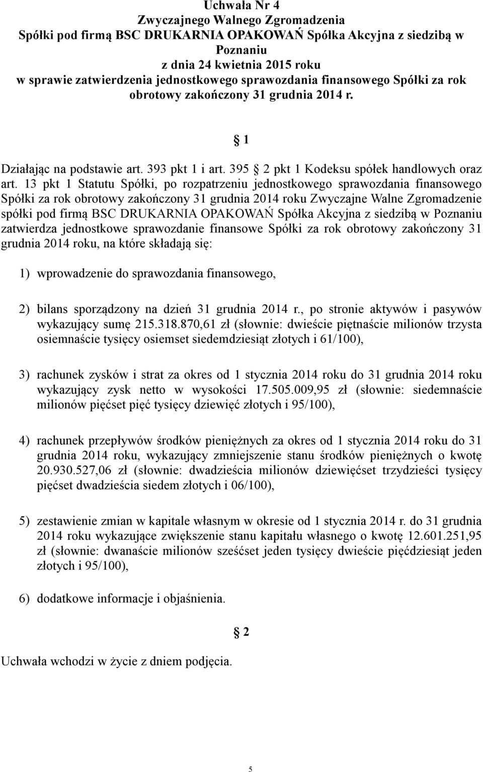 13 pkt 1 Statutu Spółki, po rozpatrzeniu jednostkowego sprawozdania finansowego Spółki za rok obrotowy zakończony 31 grudnia 2014 roku Zwyczajne Walne Zgromadzenie spółki pod firmą BSC DRUKARNIA