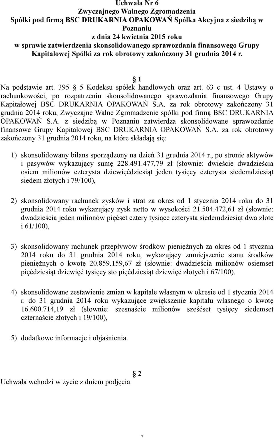 NIA OPAKOWAŃ S.A. za rok obrotowy zakończony 31 grudnia 2014 roku, Zwyczajne Walne Zgromadzenie spółki pod firmą BSC DRUKARNIA OPAKOWAŃ S.A. z siedzibą w zatwierdza skonsolidowane sprawozdanie finansowe Grupy Kapitałowej BSC DRUKARNIA OPAKOWAŃ S.