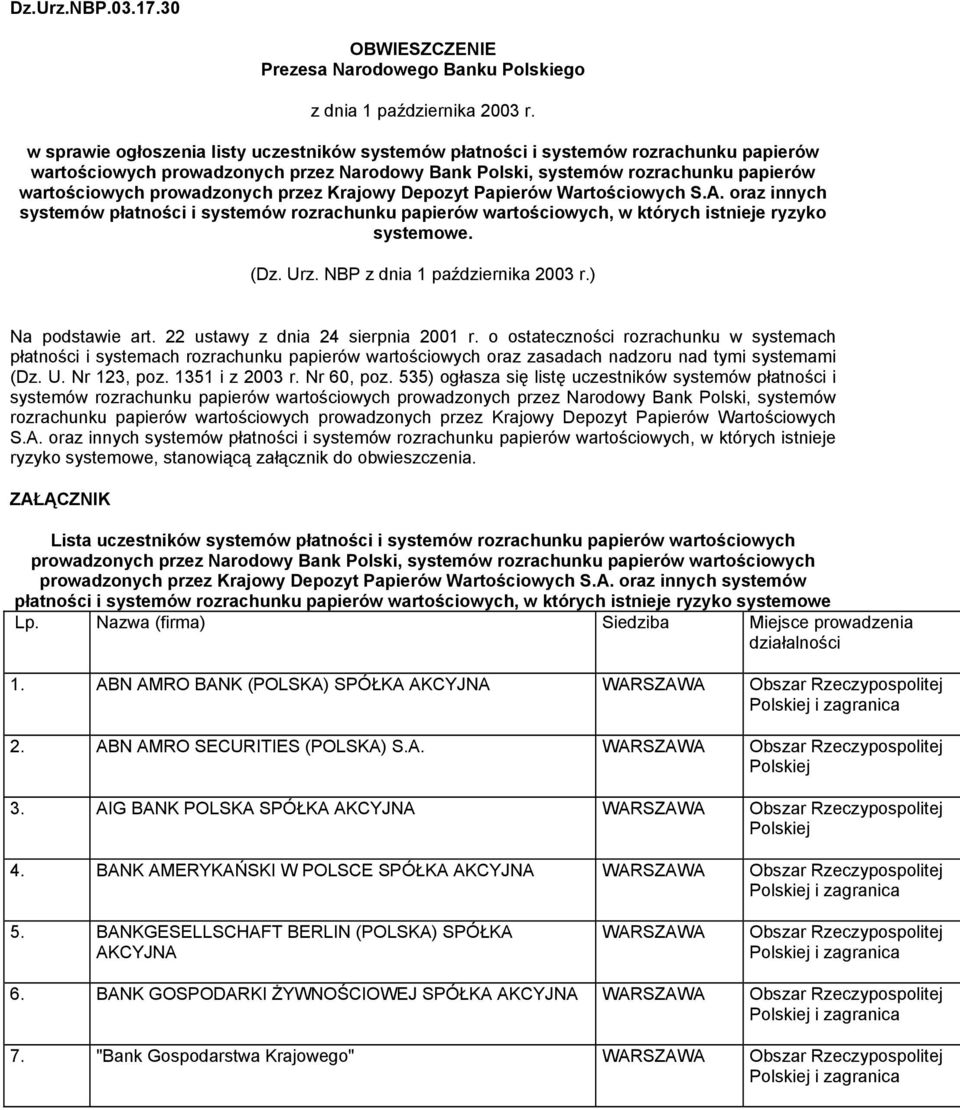 prowadzonych przez Krajowy Depozyt Papierów Wartościowych S.A. oraz innych systemów płatności i systemów rozrachunku papierów wartościowych, w których istnieje ryzyko systemowe. (Dz. Urz.