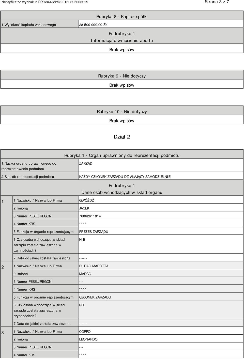 podmiotu 1.Nazwa organu uprawnionego do reprezentowania podmiotu 2.Sposób reprezentacji podmiotu ZARZĄD KAŻDY CZŁONEK ZARZĄDU DZIAŁAJĄCY SAMODZIEL 1 1.