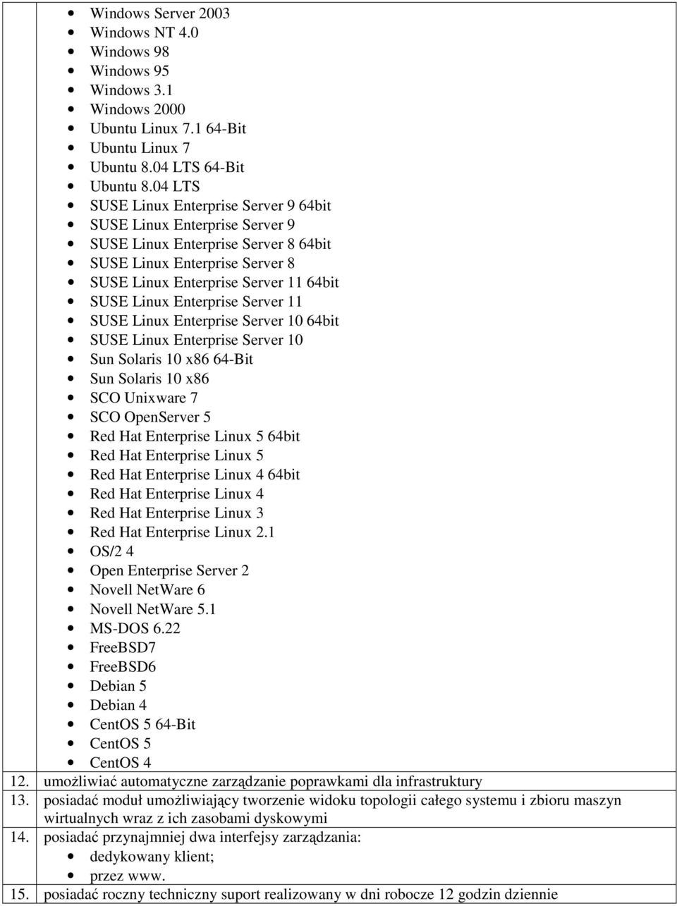Enterprise Server 11 SUSE Linux Enterprise Server 10 64bit SUSE Linux Enterprise Server 10 Sun Solaris 10 x86 64-Bit Sun Solaris 10 x86 SCO Unixware 7 SCO OpenServer 5 Red Hat Enterprise Linux 5