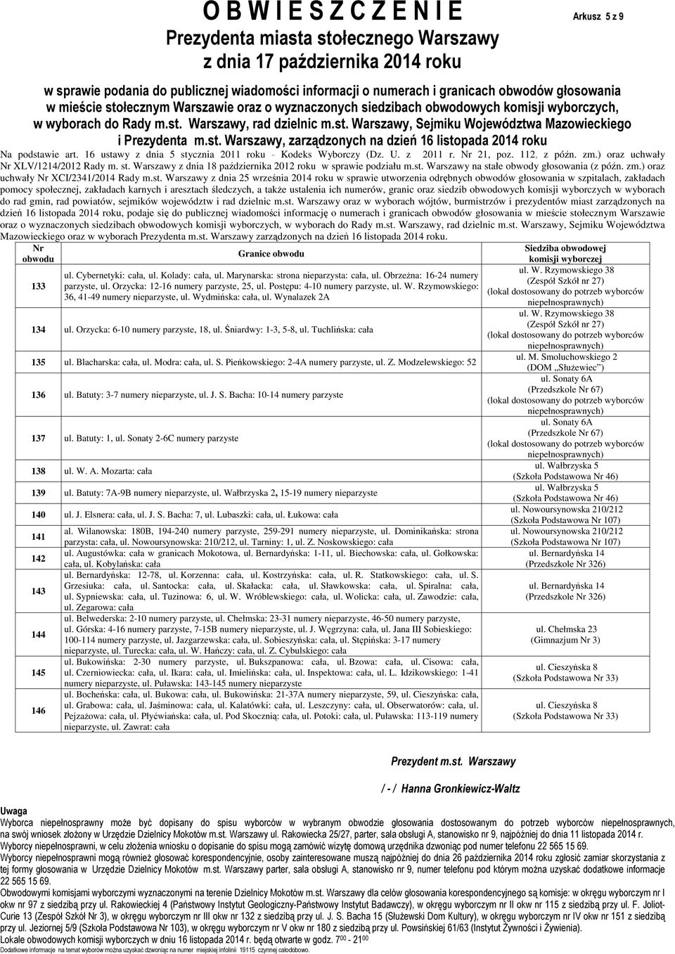 Cybernetyki: cała, ul. Kolady: cała, ul. Marynarska: strona nieparzysta: cała, ul. Obrzeżna: 16-24 numery parzyste, ul. Orzycka: 12-16 numery parzyste, 25, ul. Postępu: 4-10 numery parzyste, ul. W.