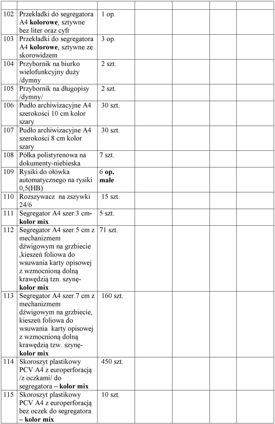 Rysiki do ołówka automatycznego na rysiki 0,5(HB) 110 Rozszywacz na zszywki 24/6 111 Segregator A4 szer.3 cmkolor mix 112 Segregator A4 szer.