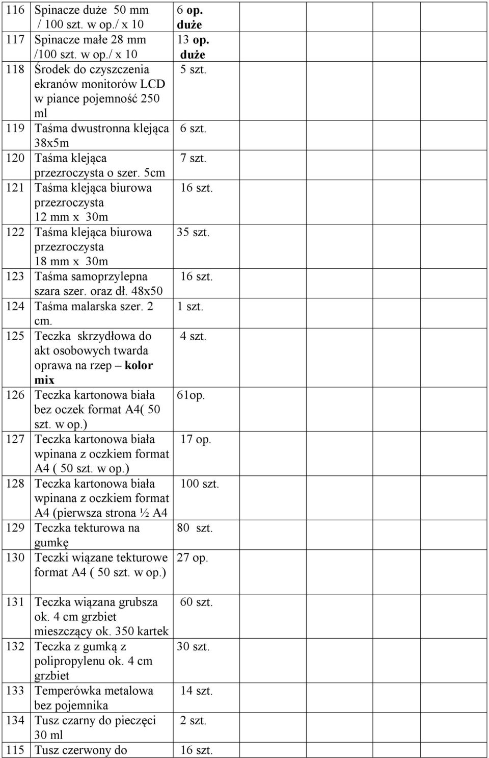 125 Teczka skrzydłowa do akt osobowych twarda oprawa na rzep kolor mix 126 Teczka kartonowa biała bez oczek format A4( 50 szt. w op.) 127 Teczka kartonowa biała wpinana z oczkiem format A4 ( 50 szt.