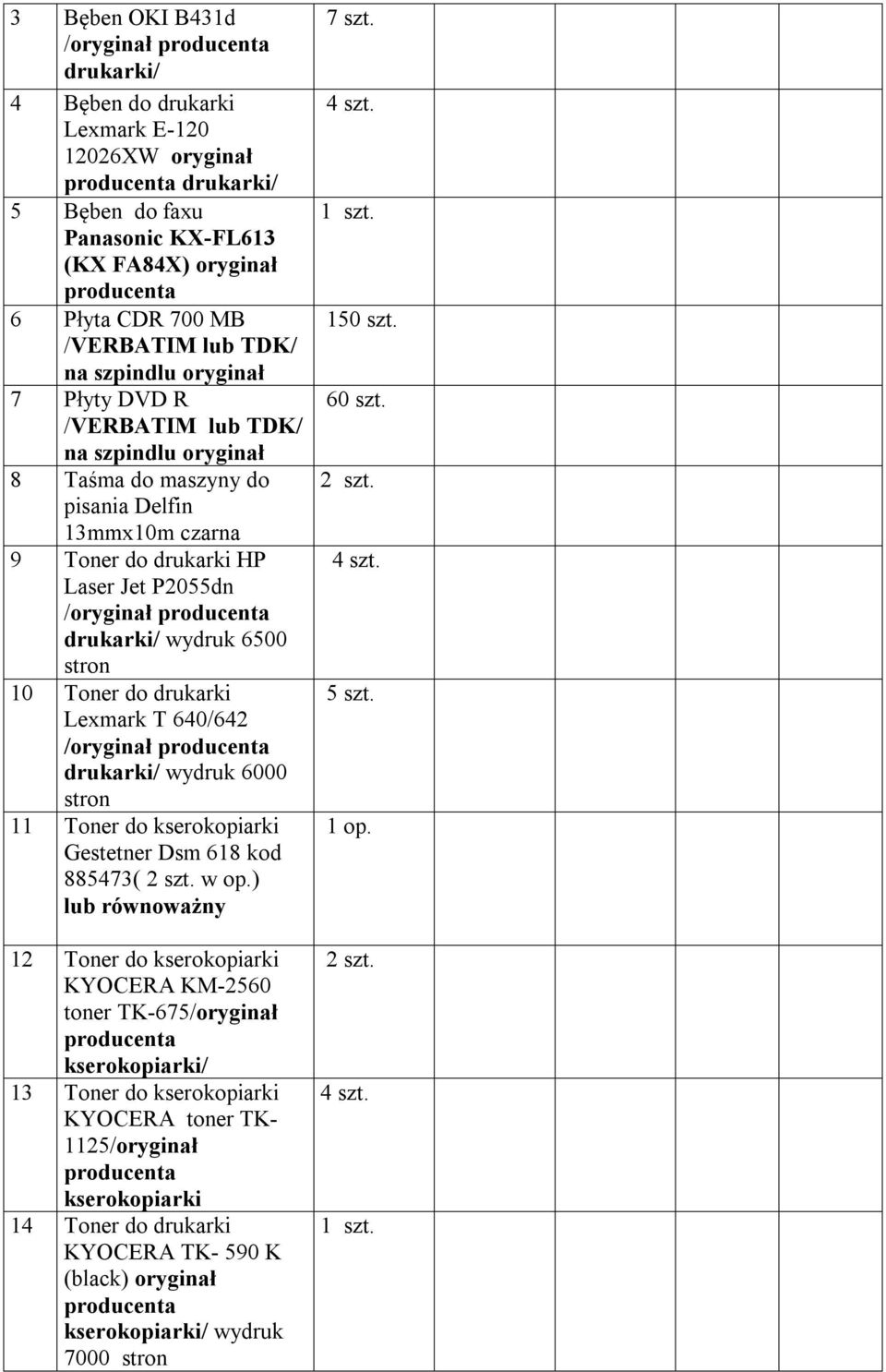 drukarki/ wydruk 6500 stron 10 Toner do drukarki Lexmark T 640/642 /oryginał producenta drukarki/ wydruk 6000 stron 11 Toner do kserokopiarki Gestetner Dsm 618 kod 885473( w op.