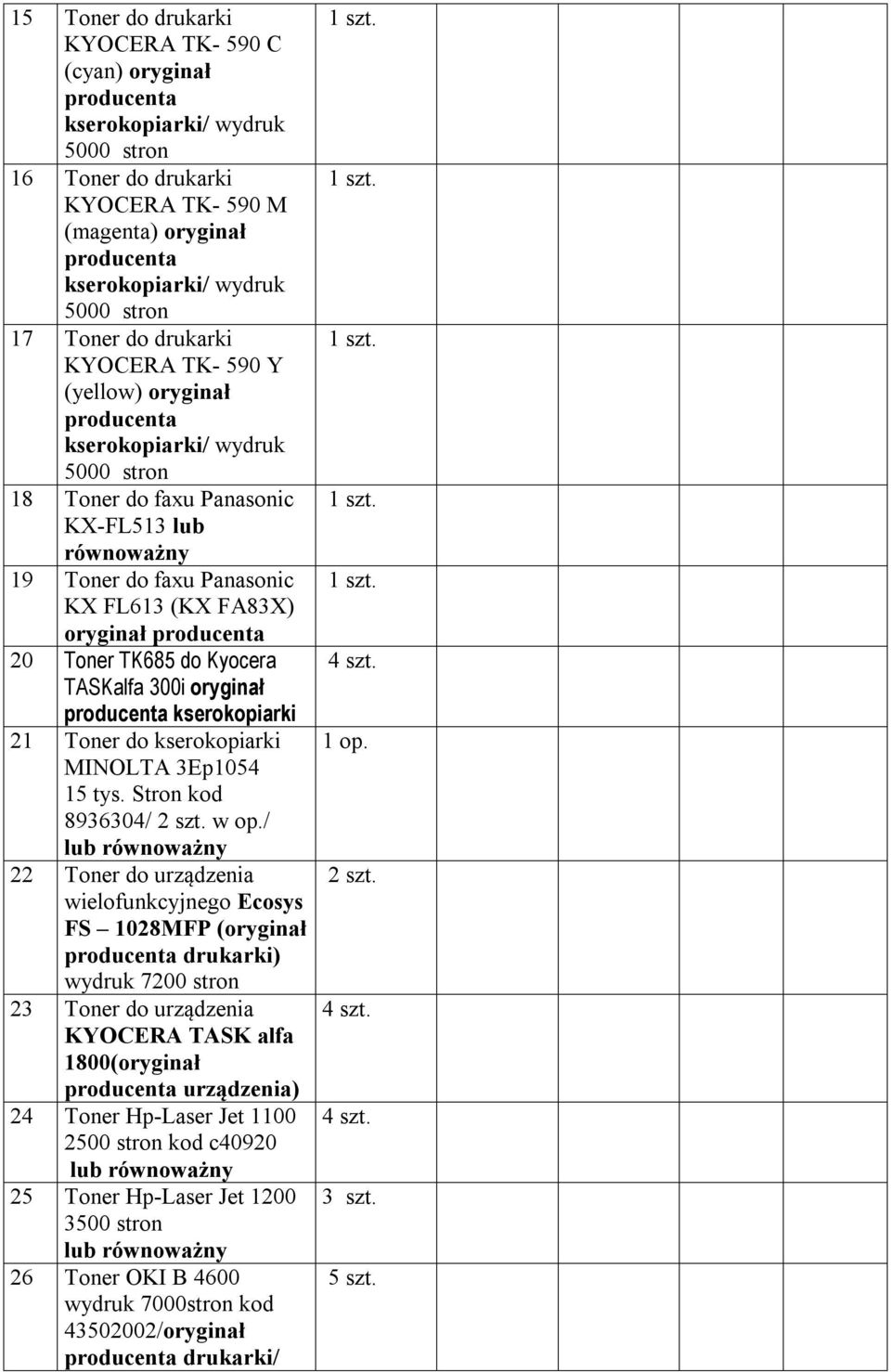 FA83X) oryginał producenta 20 Toner TK685 do Kyocera TASKalfa 300i oryginał producenta kserokopiarki 21 Toner do kserokopiarki MINOLTA 3Ep1054 15 tys. Stron kod 8936304/ w op.