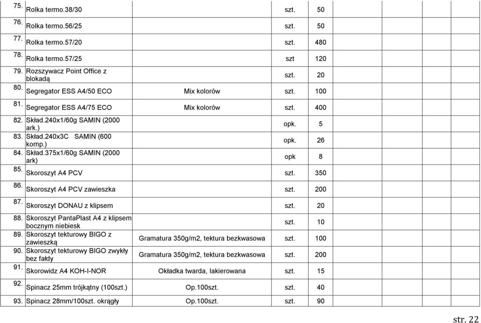 Skoroszyt A4 PCV szt. 350 86. Skoroszyt A4 PCV zawieszka szt. 200 87. Skoroszyt DONAU z klipsem szt. 20 88. Skoroszyt PantaPlast A4 z klipsem bocznym niebiesk szt. 10 89.