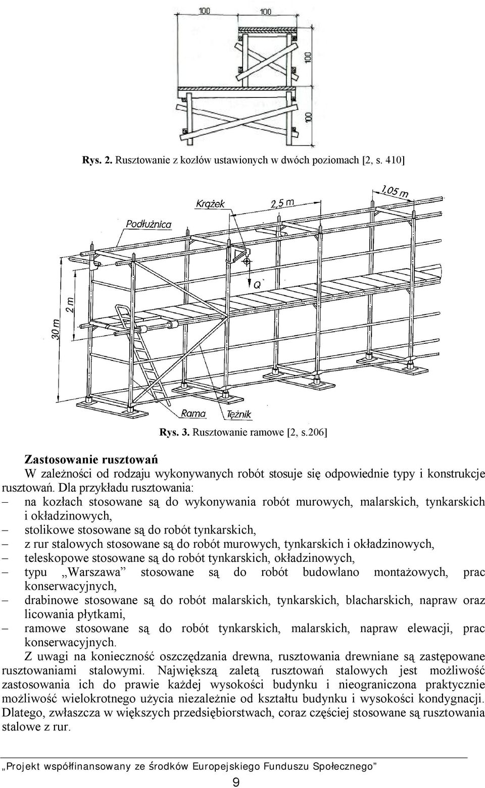 Dla przykładu rusztowania: na kozłach stosowane są do wykonywania robót murowych, malarskich, tynkarskich i okładzinowych, stolikowe stosowane są do robót tynkarskich, z rur stalowych stosowane są do