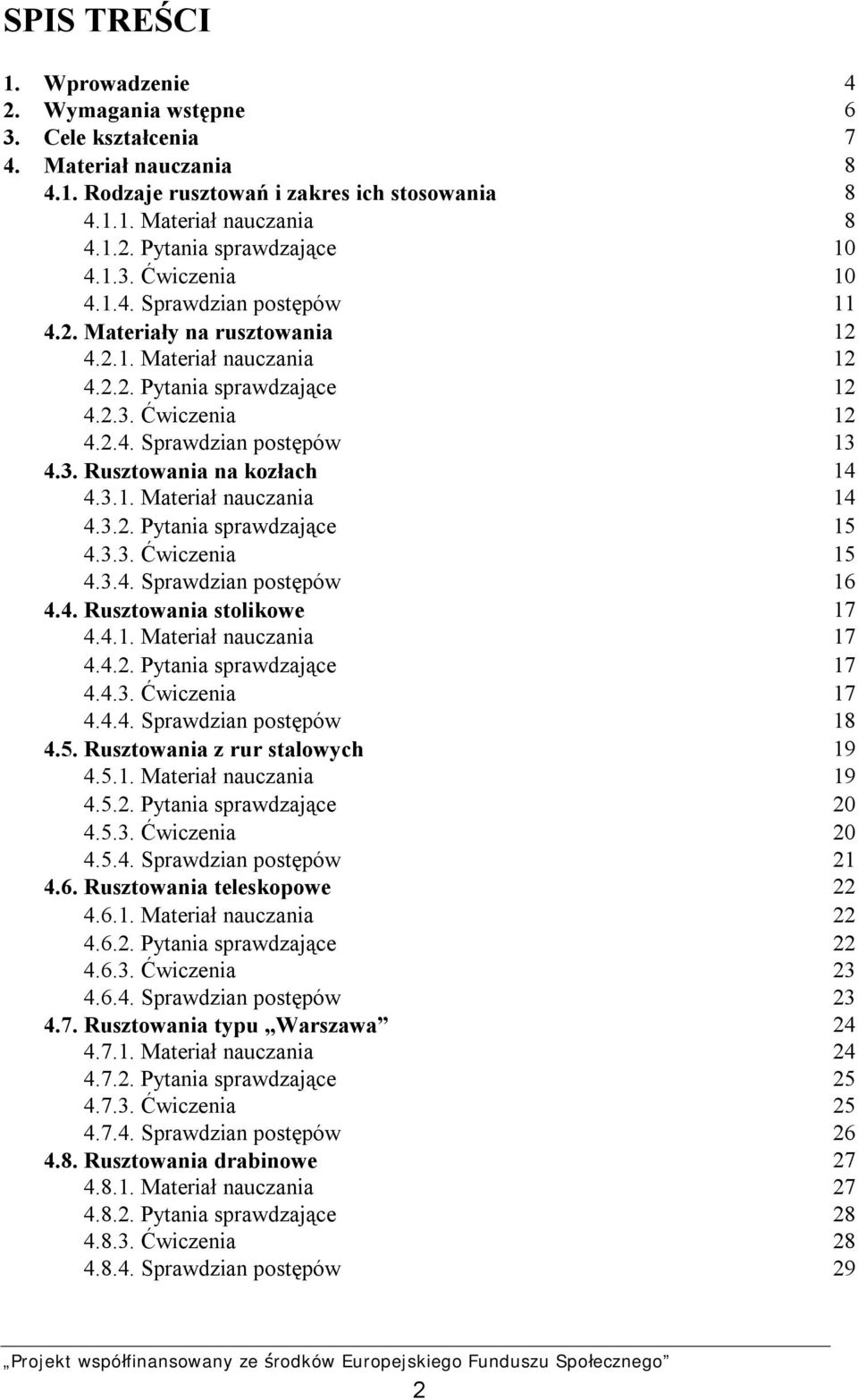 3.1. Materiał nauczania 14 4.3.2. Pytania sprawdzające 15 4.3.3. Ćwiczenia 15 4.3.4. Sprawdzian postępów 16 4.4. Rusztowania stolikowe 17 4.4.1. Materiał nauczania 17 4.4.2. Pytania sprawdzające 17 4.