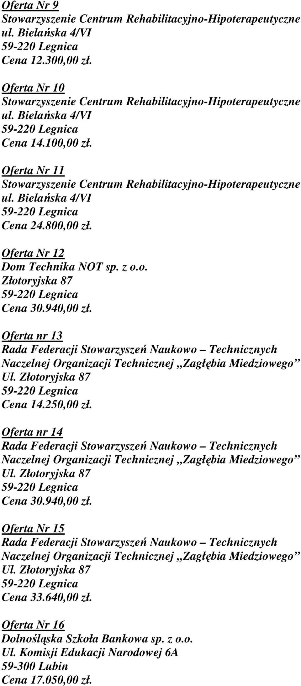 Oferta nr 14 Rada Federacji Stowarzyszeń Naukowo Technicznych Naczelnej Organizacji Technicznej Zagłębia Miedziowego Ul. Złotoryjska 87 Cena 30.940,00 zł.