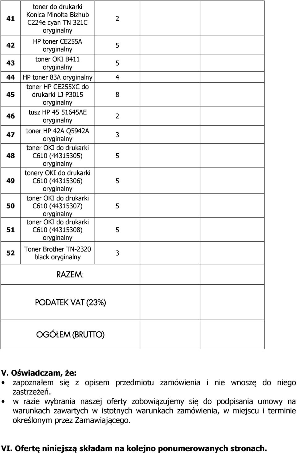(BRUTTO) V. Oświadczam, że: zapoznałem się z opisem przedmiotu zamówienia i nie wnoszę do niego zastrzeżeń.