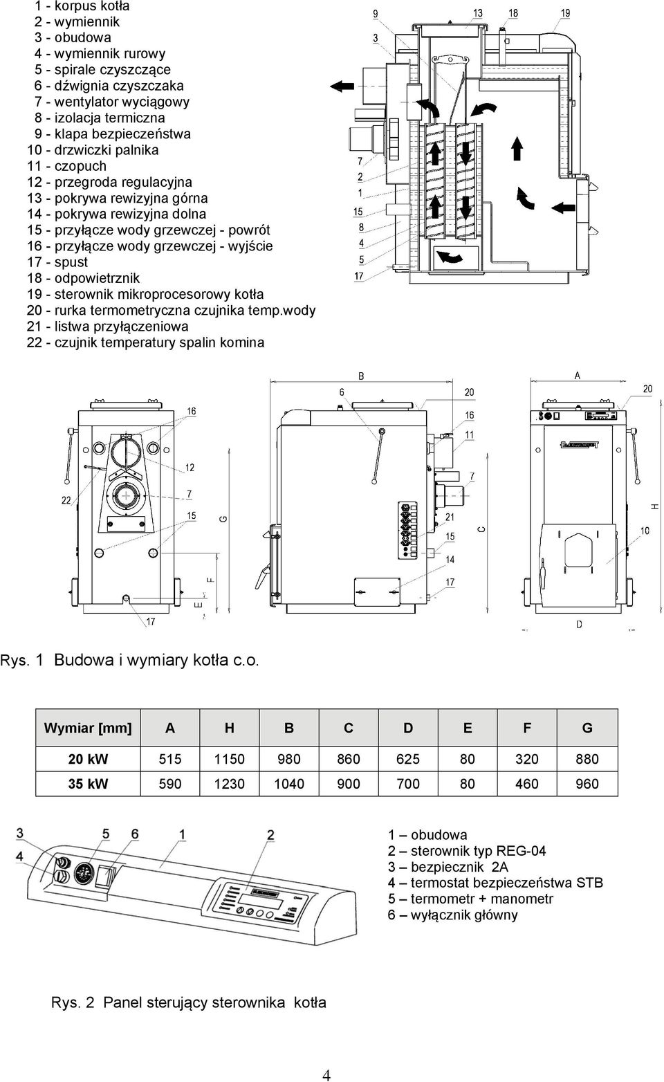 - odpowietrznik 19 - sterownik mikroprocesorowy kotła 20 - rurka termometryczna czujnika temp.wody 21 - listwa przyłączeniowa 22 - czujnik temperatury spalin komina Rys. 1 Budowa i wymiary kotła c.o.