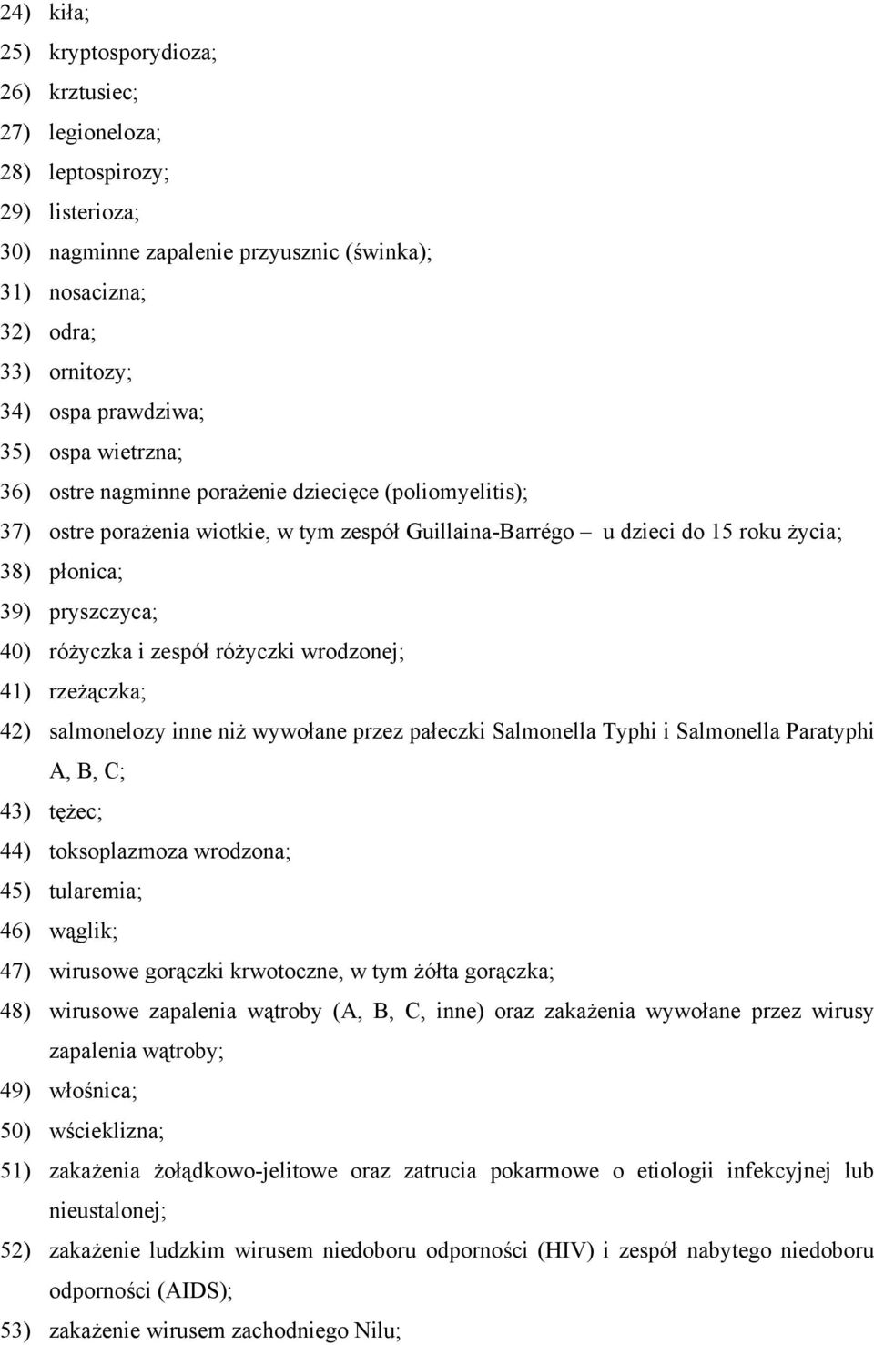 pryszczyca; 40) różyczka i zespół różyczki wrodzonej; 41) rzeżączka; 42) salmonelozy inne niż wywołane przez pałeczki Salmonella Typhi i Salmonella Paratyphi A, B, C; 43) tężec; 44) toksoplazmoza