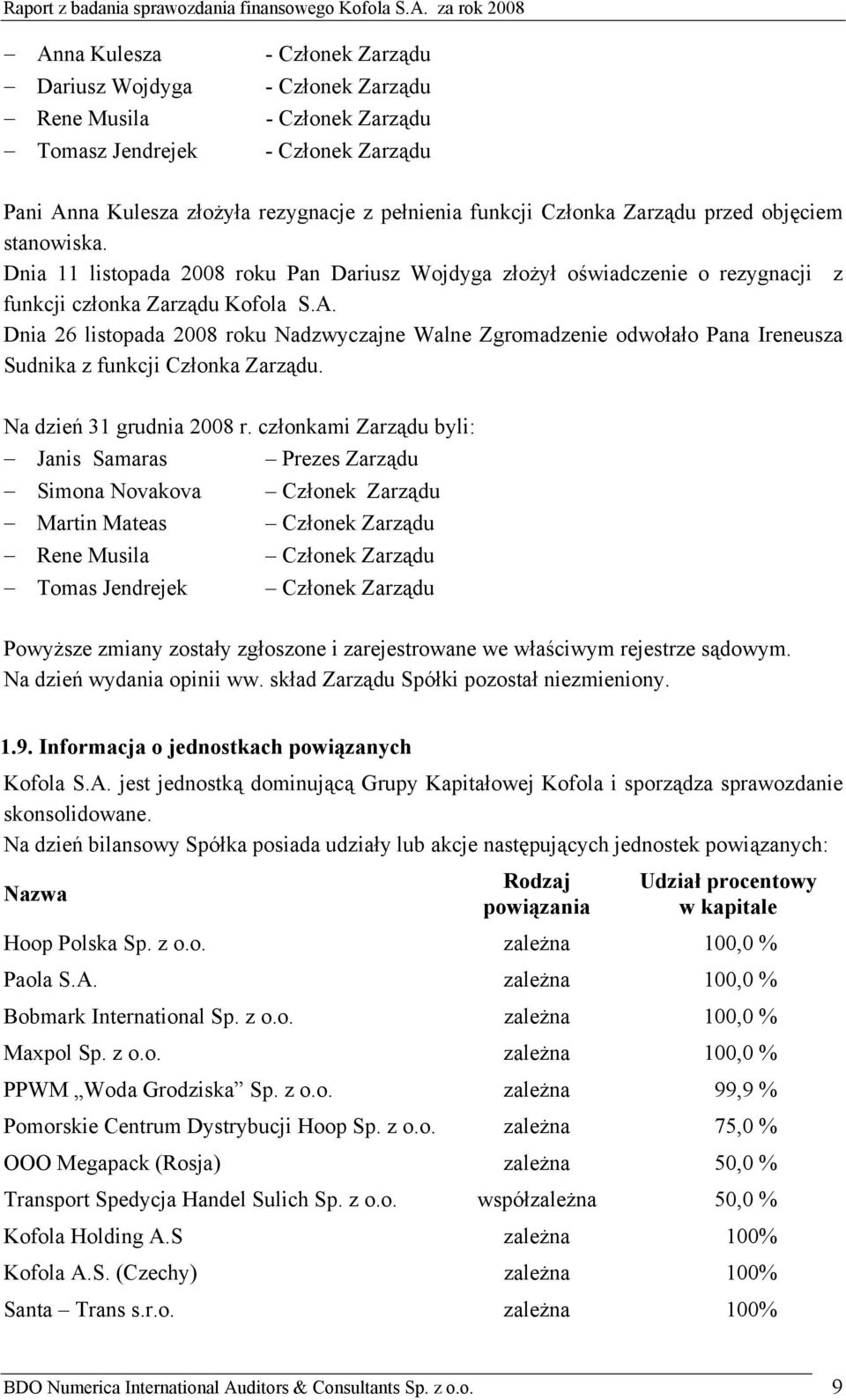 Dnia 26 listopada 2008 roku Nadzwyczajne Walne Zgromadzenie odwołało Pana Ireneusza Sudnika z funkcji Członka Zarządu. Na dzień 31 grudnia 2008 r.
